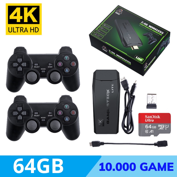 Máy Chơi Game Stick 4k Pro, Thẻ 64GB 10000 trò + 50 game mới tải thêm, máy chơi game cầm tay không dây 2 người cổ điển