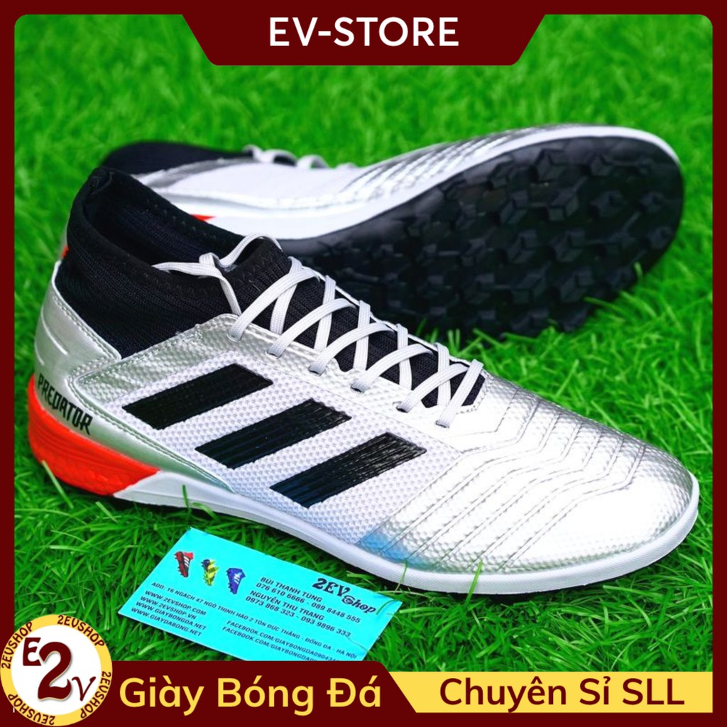 GIày Bóng Đá 𝐓𝐅 𝐀𝐝𝐢𝐝𝐚𝐬 𝐏𝐫𝐞𝐝𝐚𝐭𝐨𝐫 19 Bạc Gót Đỏ Cổ Chun Có Dây - Giày Đá Bóng Nam Cao Cấp