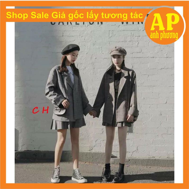 Sét vest váy xếp ly kẻ có ảnh thật sp🎁Áo khoác kẻ có cúc mix chân váy kẻ 2 lớp🍄bên trong có quần, chân váy có khoá hông | BigBuy360 - bigbuy360.vn