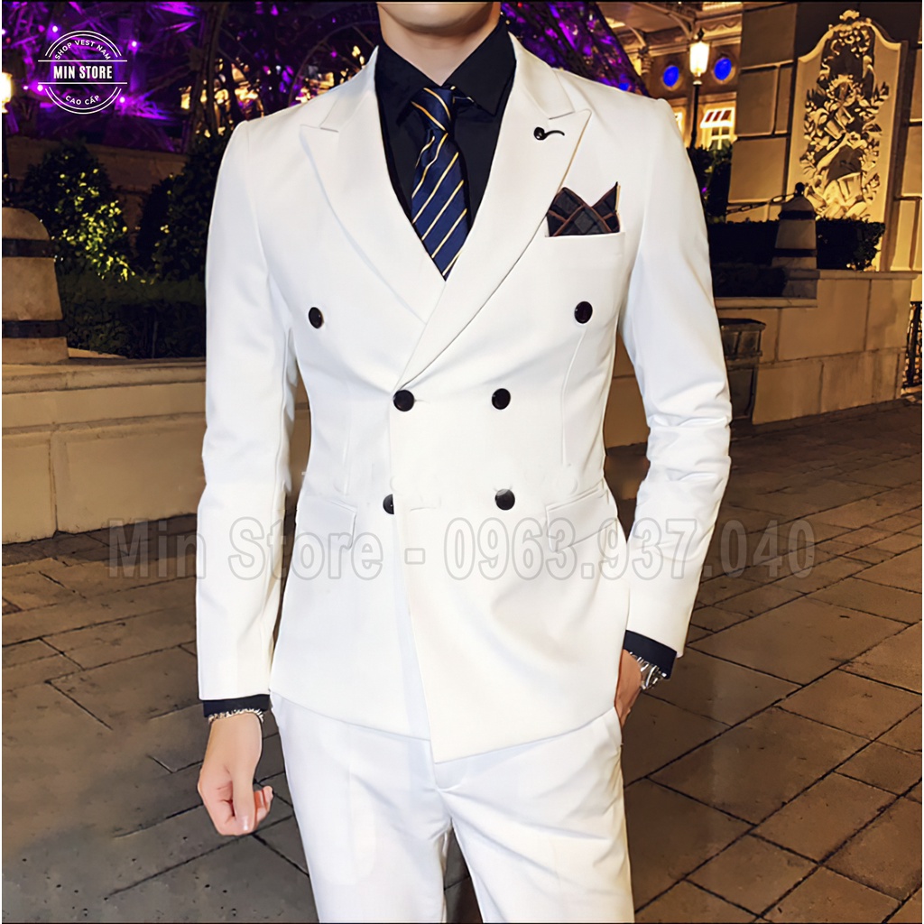 Vest Nam Hàn Quốc 6 Cúc Trắng, Áo Blazer Nam Trắng 2 lớp dày dặn