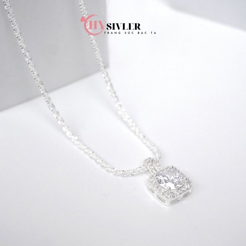 Dây chuyền bạc nữ CHY SILVER dạng xù kim sa mặt đá vuông đính đá bạc ta