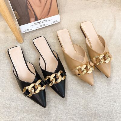 SHU STORE - DÉP SỤC NỮ THỜI TRANG MŨI NHỌN ĐÍNH XÍCH VÀNG ĐẾ BỆT 1CM