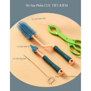 Bộ cọ rửa bình sữa silicon 3 chi tiết cho bé, cao cấp, tay cầm xoay 360 độ