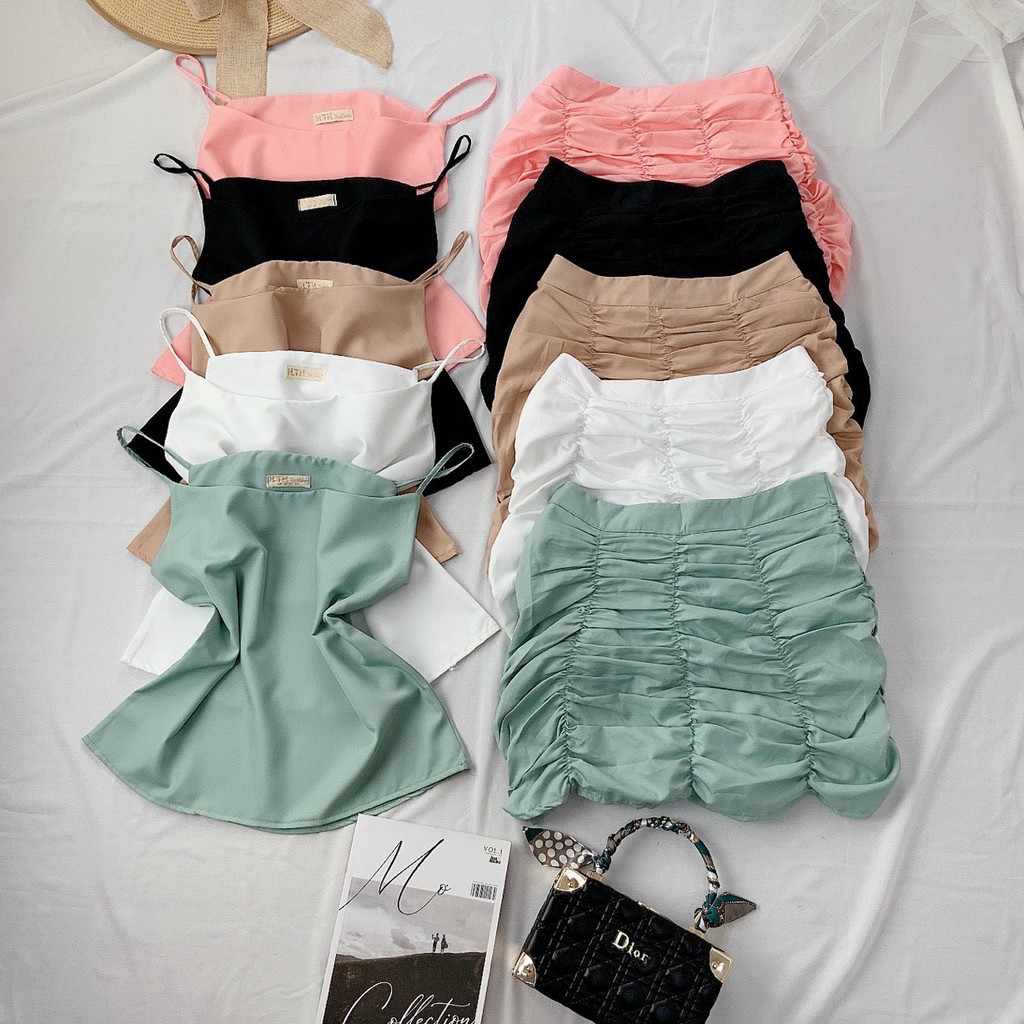 Sét áo 2 dây croptop phối chân váy nhúm cực xinh , chất kate nhật mềm mịn mát