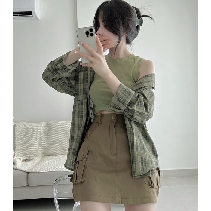 áo thun thái croptop ba lỗ xanh lá, đủ màu hàng đẹp ạ( hình thật kèm video)