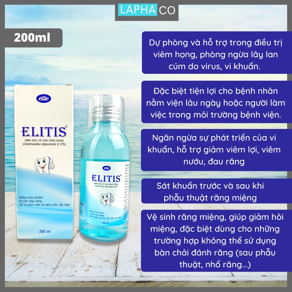 Combo 3 chai Nước súc miệng họng Elitis Chlorhexidine 0,12% dung tích 200ml