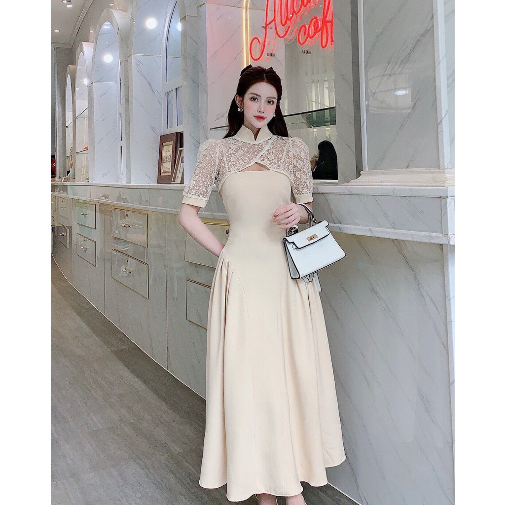 Đầm nữ thiết kế AGITANT hai dây kết hợp áo ren khoác ngoài thanh lịch, phù hợp đi tiệc, đi chơi - NH280