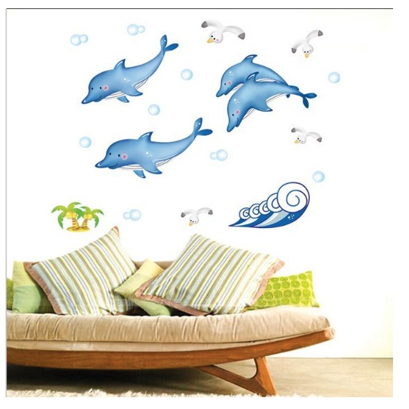 Decal trang trí bốn chú cá heo- DẠ QUANG