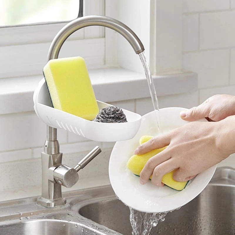 Giá để mút xốp/ xà phòng/ giẻ lau gắn vòi nước bằng nhựa có nút điều chỉnh không cần đục lỗ cho nhà bếp