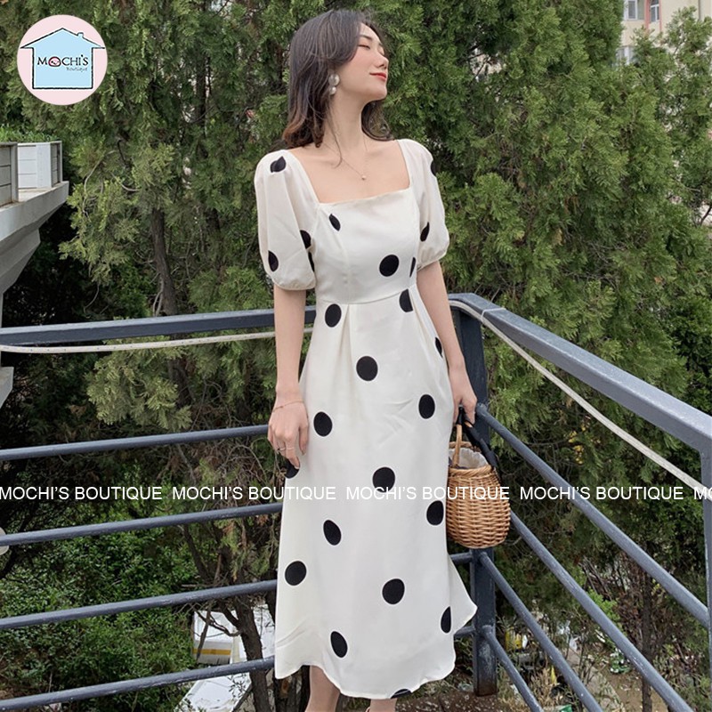Đầm maxi cổ vuông tay phồng, mẫu maxi dáng dài qua gối họa tiết chấm bi to mới lạ, kiểu dáng đơn giản hiện đại- M064 | BigBuy360 - bigbuy360.vn