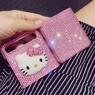 Samsung Galaxy Z Flip 4G 4 3 Flip4 Flip3 5G Thời Trang Dễ Thương DIY Hồng Hello Kitty Cat Full Kim Cương Giả Vỏ Điện Thoại