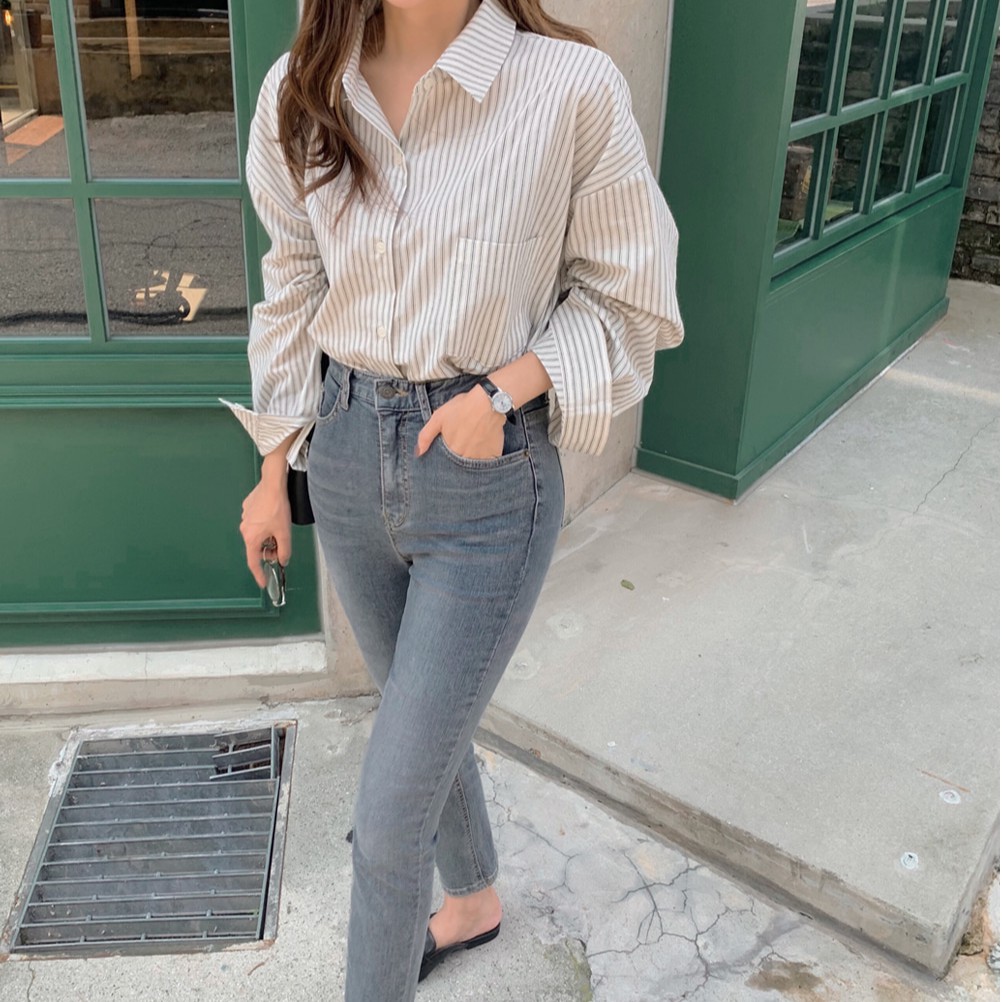 Áo sơ mi dài tay kẻ sọc/ Áo khoác không tay cổ chữ V màu trơn Peppermint 38053 xinh xắn dành cho nữ