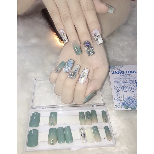 [ Nailbox  ] Bộ 24 móng tay úp thiết kế sẵn / móng tay giả màu xanh ngọc