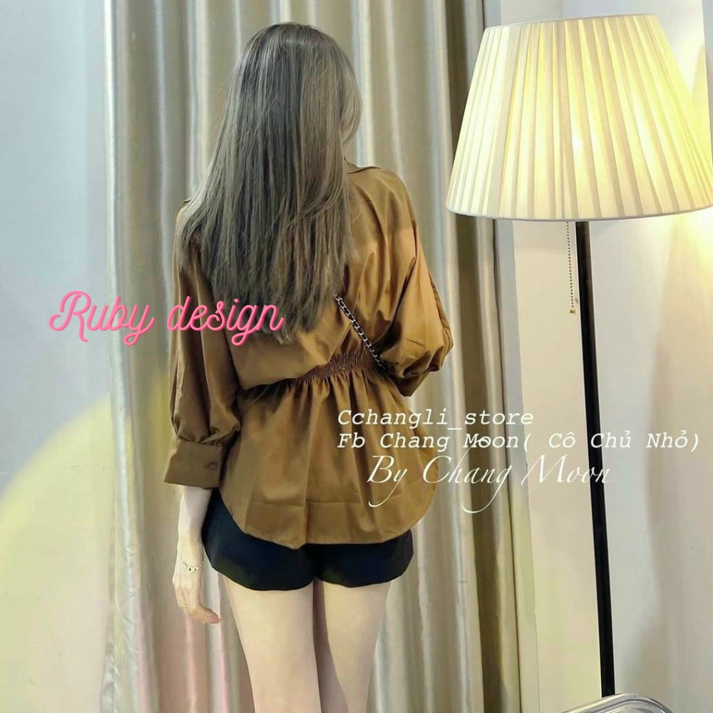 Áo sơ mi kiểu nữ , áo sơ mi nữ tay lỡ xếp ly chun lưng màu trắng nâu vải thô mềm cao cấp phong cách hàn quốc RubyShop