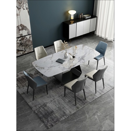 Bàn ăn mặt đá phiến ceramic bóng chân sắt chéo X kết hợp ghế Nelson