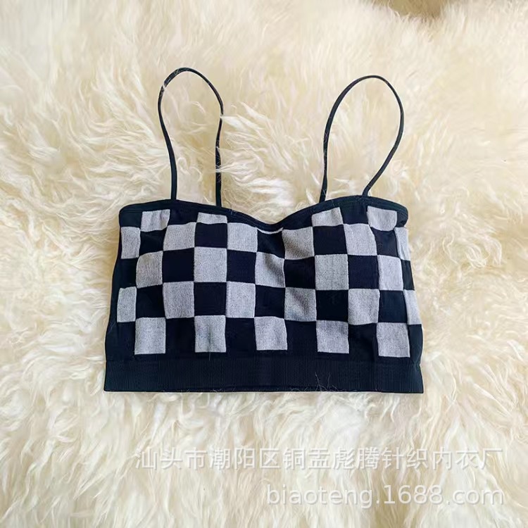 Áo Lót Hai Dây Không Đường May In Họa Tiết Sọc Ca Rô Thời Trang 2022 Cho Nữ