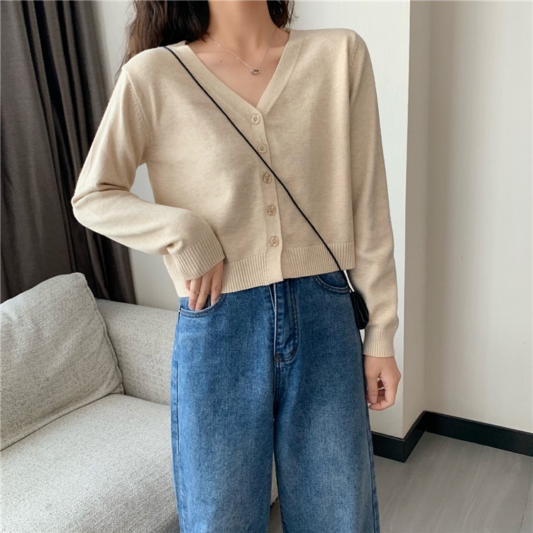 Áo khoác cardigan cổ chữ v tay dài màu sắc trẻ trung phong cách hàn quốc
