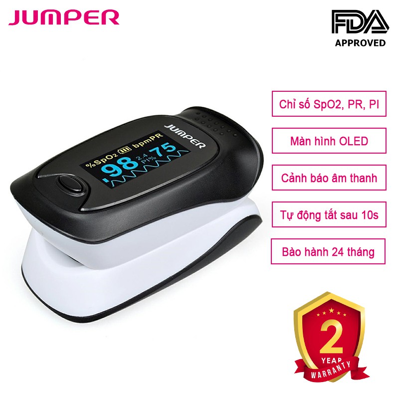 Máy đo nồng độ oxy máu và nhịp tim, chỉ số PI Jumper 500D màn OLED (Chứng nhận FDA Hoa Kỳ + xuất USA)