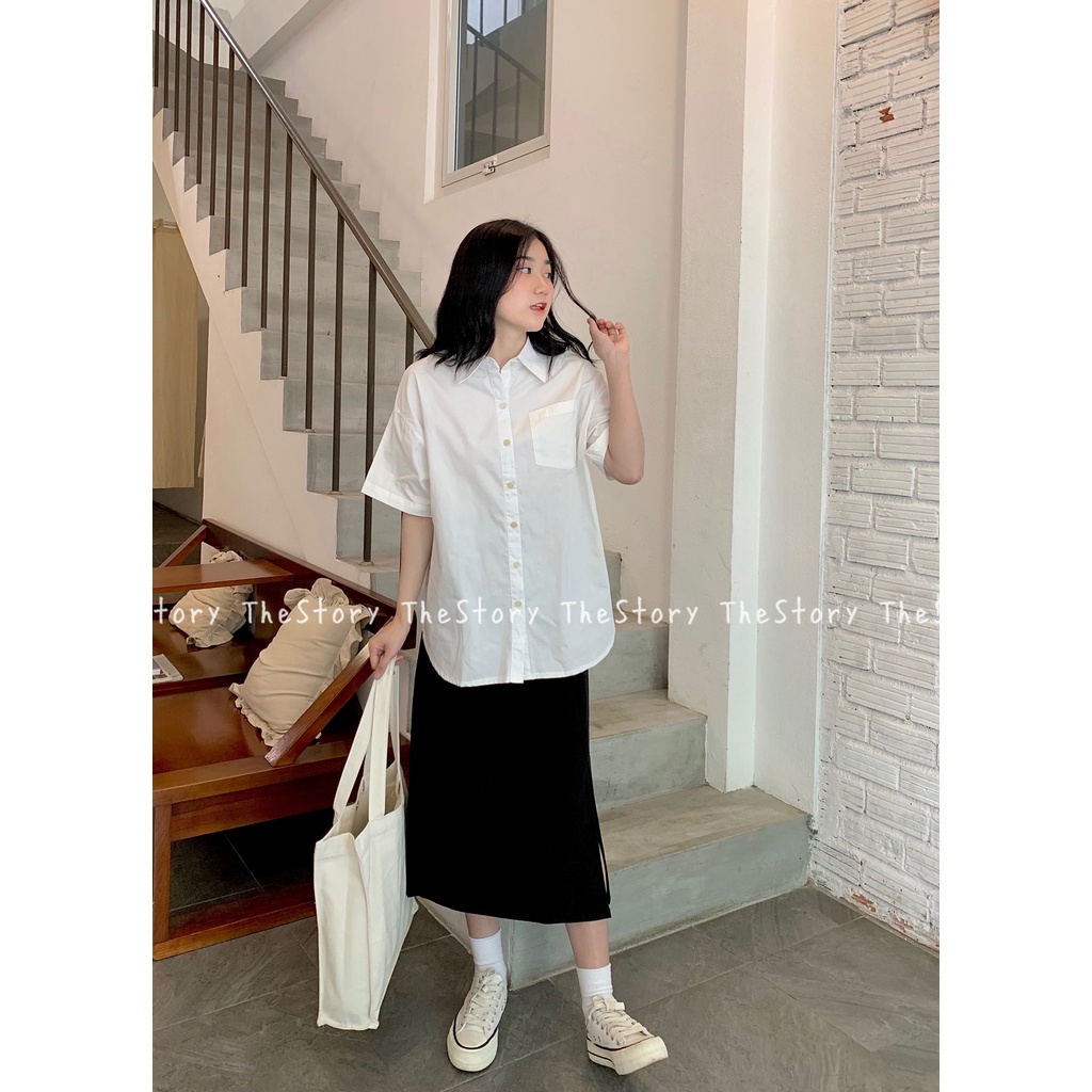 Áo sơ mi nữ tay ngắn oversize, sau lưng gài nút  A2152