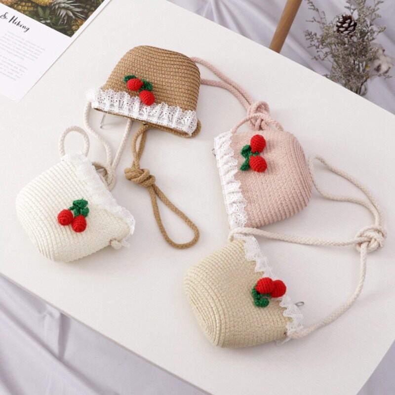 Mũ/ Túi đeo chéo đan rơm trang trí quả cherry xinh xắn dành cho bé gái 2-8 tuổi