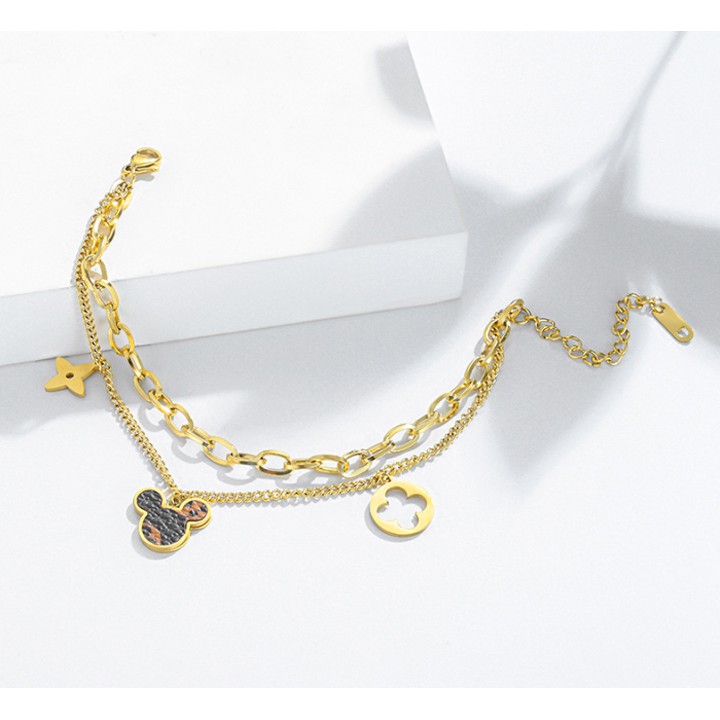 Lắc tay titan cao cấp 2 tầng hình chuột rớt hoa 4 cánh siêu đẹp, bền màu, hợp thời trang mang cá tính độc đáo