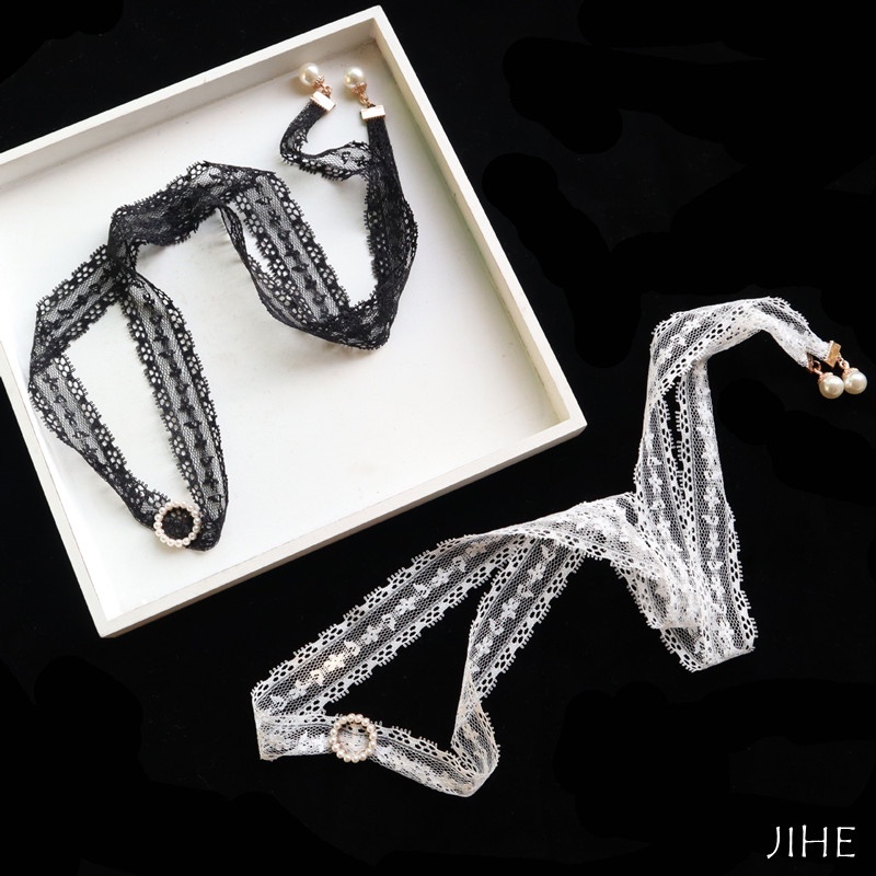 Vòng Cổ Choker Dây Dài Thắt Nơ Ren Đính Ngọc Trai Phong Cách Nhật Hàn Thời Trang