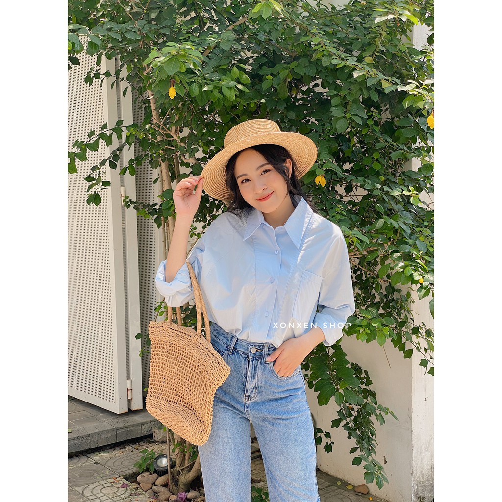 Áo sơ mi nữ đẹp áo sơ mi nữ Hàn Quốc trơn 1 túi viền chữ V ngực dễ thương XONXEN SHOP freesize mã 2165