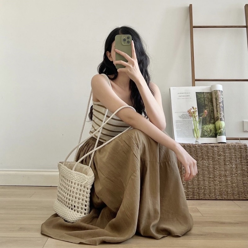 Chân váy dài dáng xòe vải nhăn 2 lớp