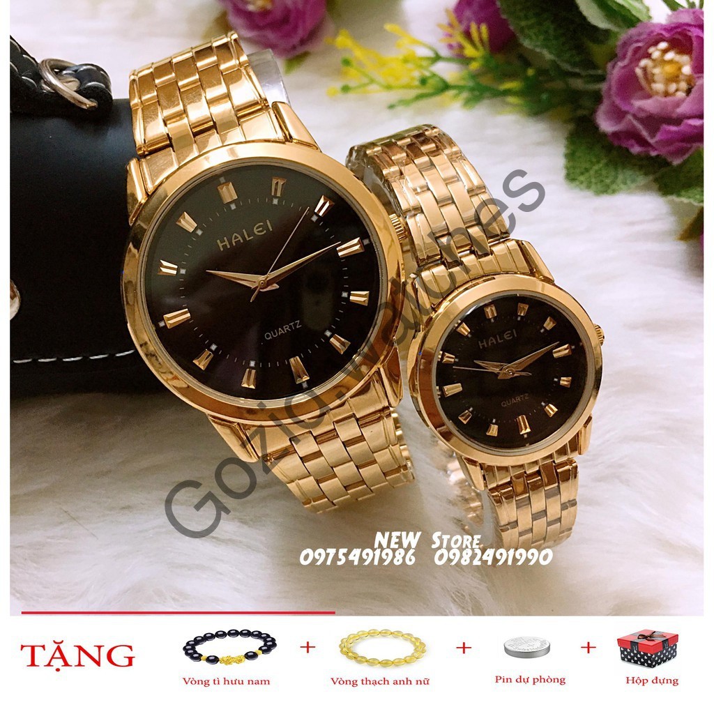 Đồng hồ cặp đôi dây thép Halei Gold black platium sang trọng, huyền bí -Gozid.watches