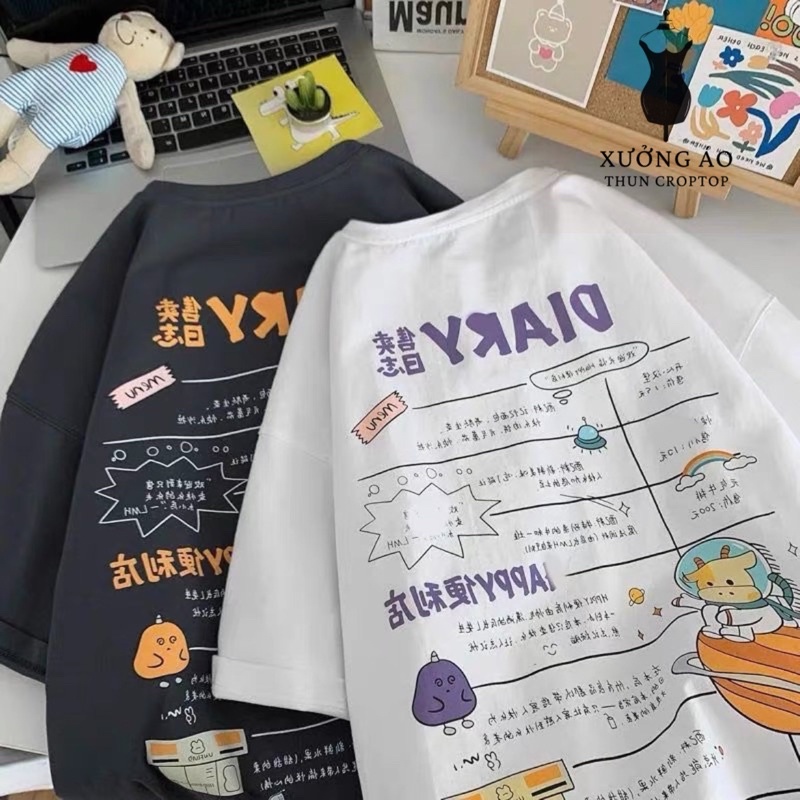 Áo Thun Form Rộng Dáng Unisex Tay Lỡ Nam Nữ Mặc Cặp Nhóm Couple Áo Phông In Chữ Diary