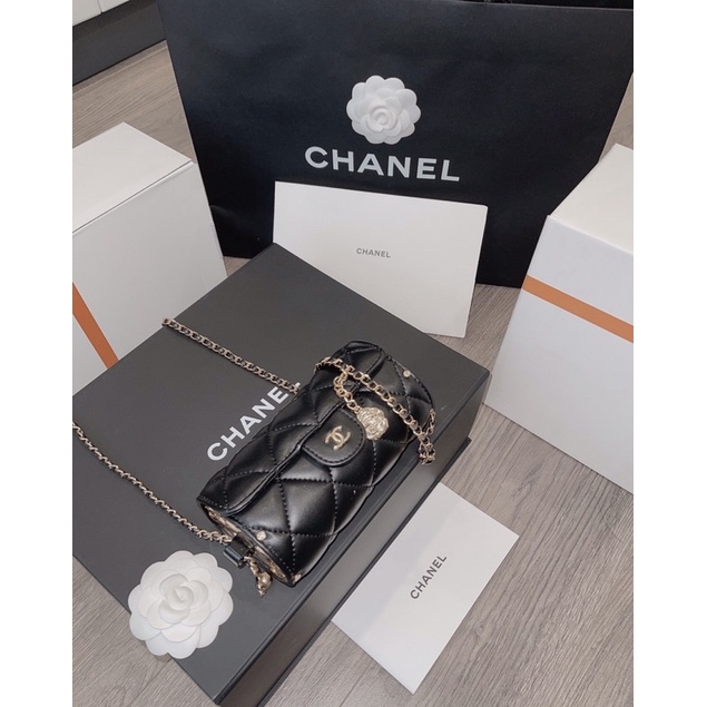 Túi đeo chéo nữ tròn dáng trống da mịn màu đen trắng khoá vàng dây xích fullbox có hộp xịn
