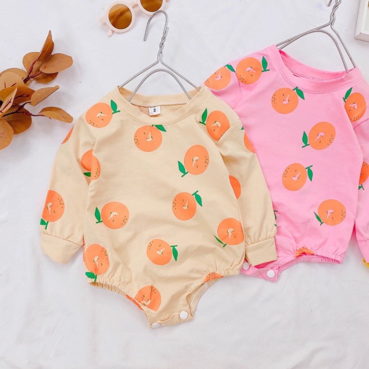 Bodysuit Dài Tay Quả Cam Cotton Cho Bé Gái Sơ Sinh 0-12 Tháng Kèm Turban, Váy Đầy Tháng, Bodysuit Sơ Sinh.