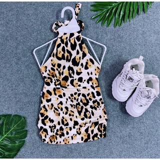 Đầm nhung body bé gái hoạ tiết beo cá tính cột dây hở lưng