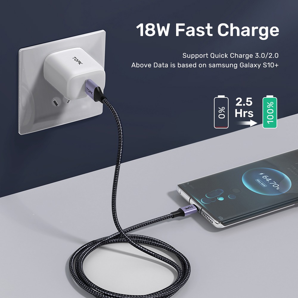 Cáp Sạc Nhanh USB Type C TOPK AN10 3A QC3.0 Dài 1M