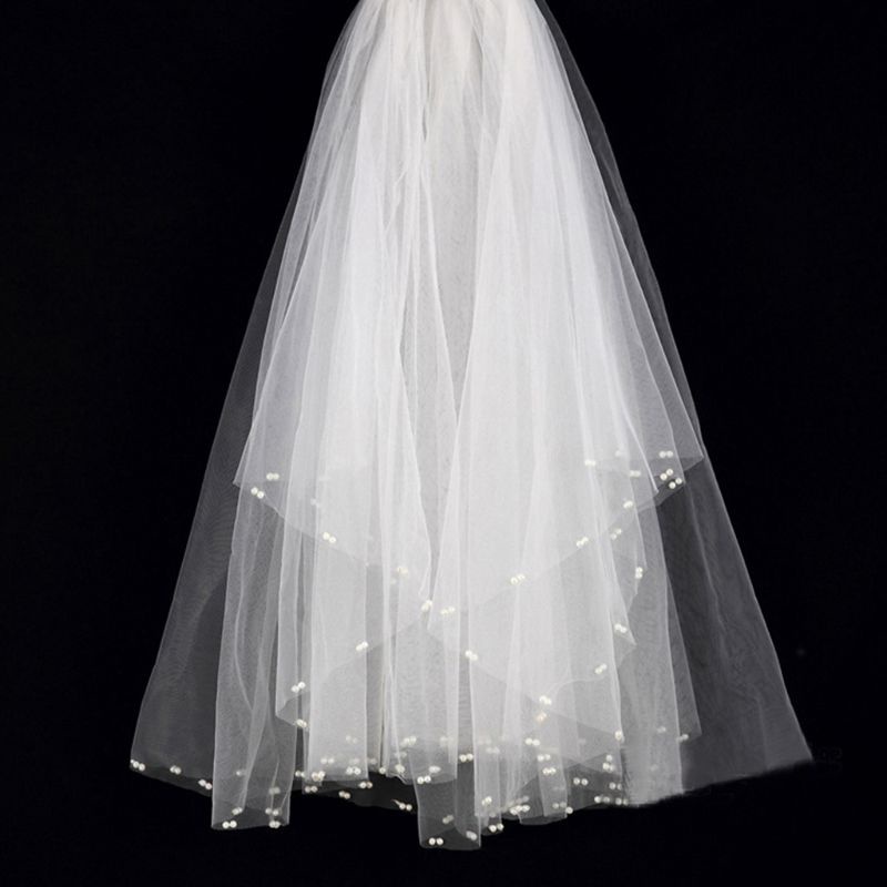 Khăn Voan Hai Lớp Đính Ngọc Trai Giả Phong Cách Hàn Quốc Lãng Mạn Cho Cô Dâu