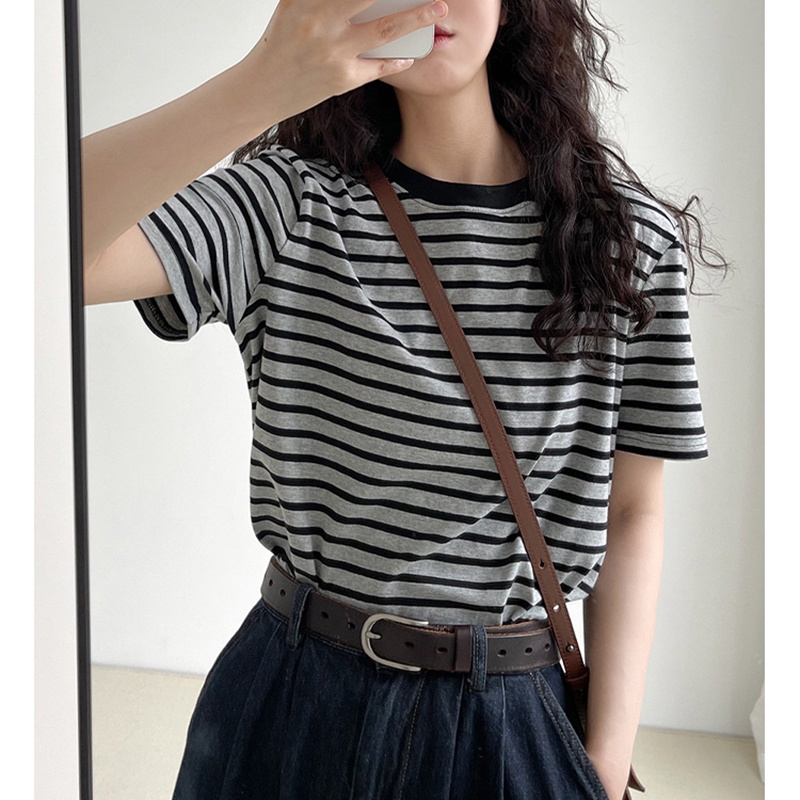 SUXI Áo thun tay ngắn cổ tròn họa tiết kẻ sọc phong cách Hàn Quốc mới thời trang mùa hè dành cho nữ
