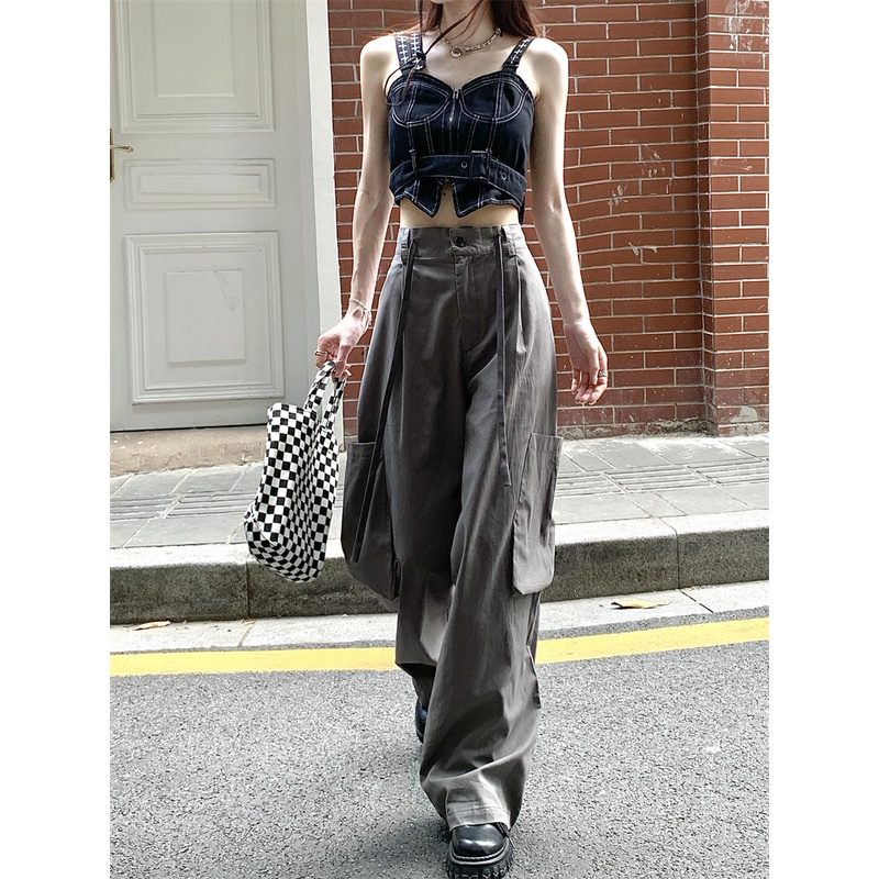 Quần Dài Nữ Ống Rộng Lưng Cao Màu Xám