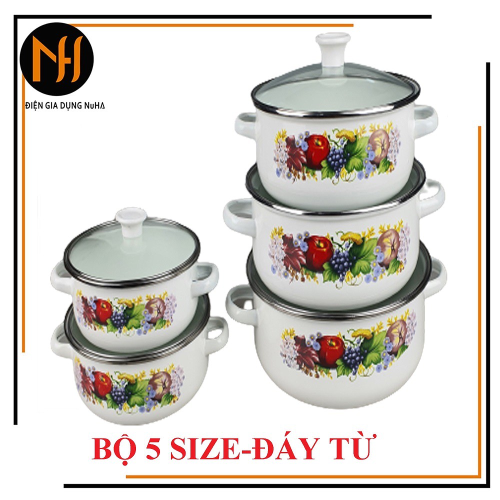 Bộ nồi 5 món đáy từ, men sứ họa tiết ngẫu nhiên chống dính gồm 5 chiếc 5 size 16/18/20/22/24cm, dùng trên mọi loại bếp