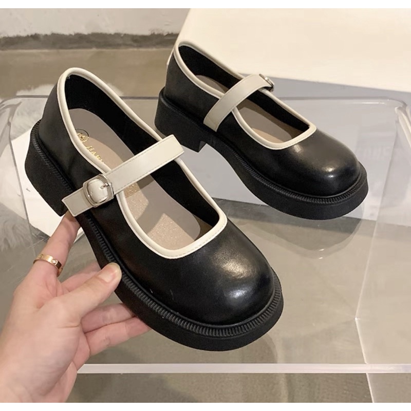 Giày búp bê nữ - Giày Mary Jane tiểu thư đơn giản phối nâu chuẩn hàng quảng châu