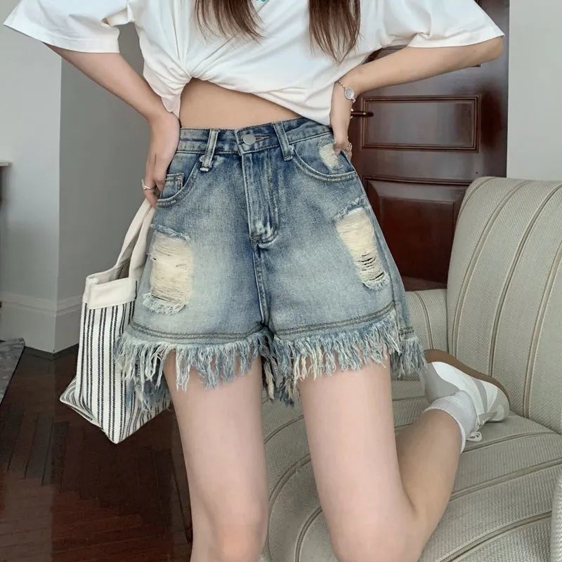 Hàng Mới Về Mới Áo Thun#Quần Short Denim Dáng Chữ A Phối Tua Rua Thời Trang Mùa Hè Cho Nữ 7 / 28