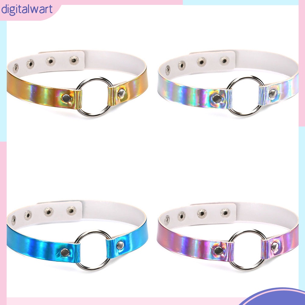 Vòng cổ choker dây da nhân tạo màu hologram mặt vòng tròn kim loại đủ màu cá tính trẻ trung dành cho nữ