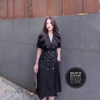 Đầm Midi Đen Cổ Vest Nút Gỗ Túi Hông Bigsize