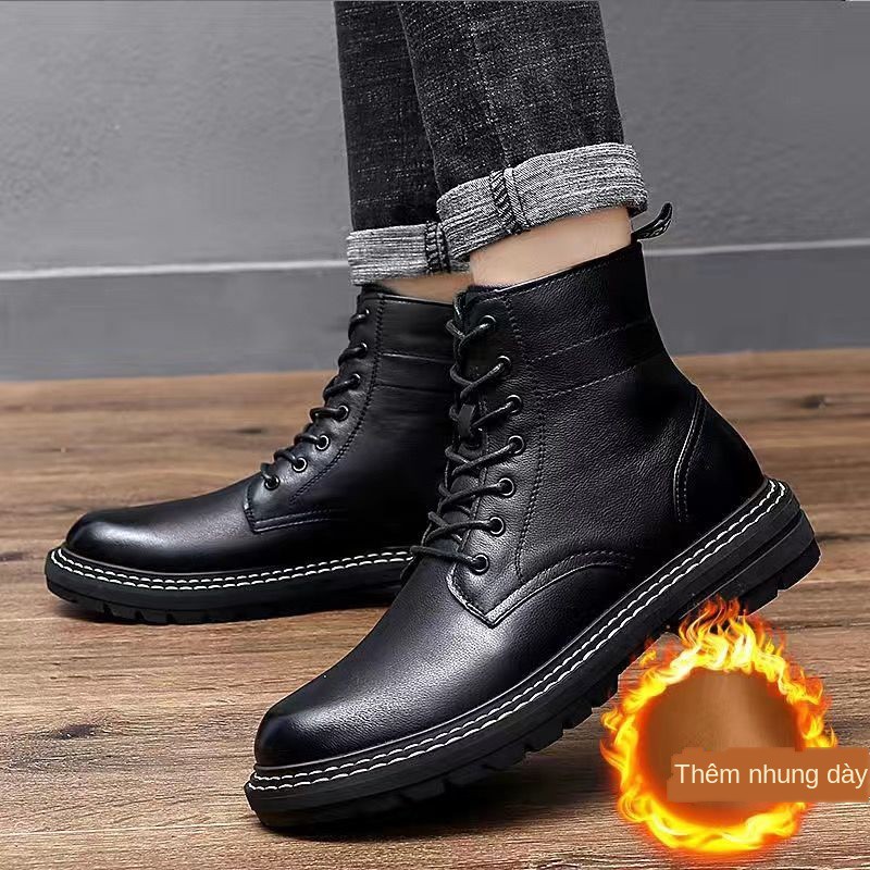 ❈ins Martin boots nam cao cổ giày da thu đông phong cách Hàn Quốc xu hướng tất cả các kết hợp bốt cộng với bông nhu