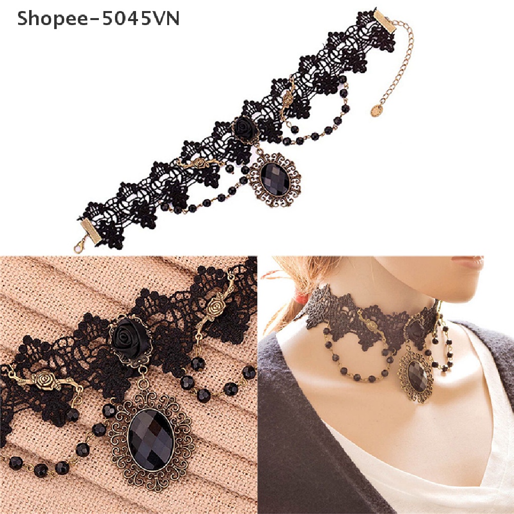 Vòng Cổ Choker Ren Hoa Hồng Đen Đính Hạt Thời Trang