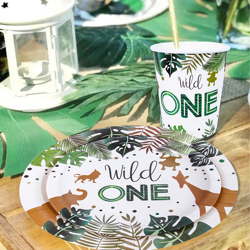 Bộ Dụng Cụ Bàn Ăn Và Cốc Giấy Dùng Một Lần Trang Trí Tiệc Sinh Nhật In Hình Rừng Cây Cho Trẻ Em 1 Tuổi