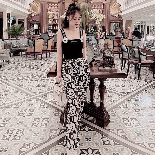Set áo bông hoa quần họa tiết sọc siêu chất DN178