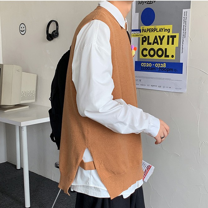 Áo Sweater unisex  không tay sành điệu cho nam Quần áo đơn giản áo len nam hàn quốc áo len cặp đôi cổ tròn