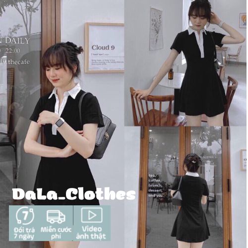 Váy đầm nữ cộc tay phối cổ trắng - Váy polo body tay ngắn dự tiệc, đi chơi dạo phố chất thun tăm freesize siêu xinh