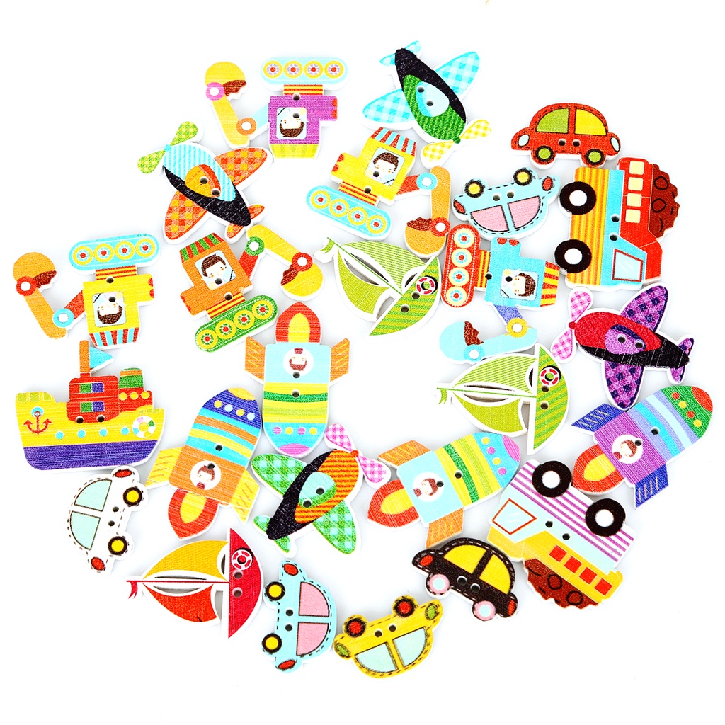50-70 pcs Aircraft/Boat/Rocket/Car Pattern Wooden Two Holes Buttons Mixed For DIY Sewing Scrapbooking Craft Garment Accessory