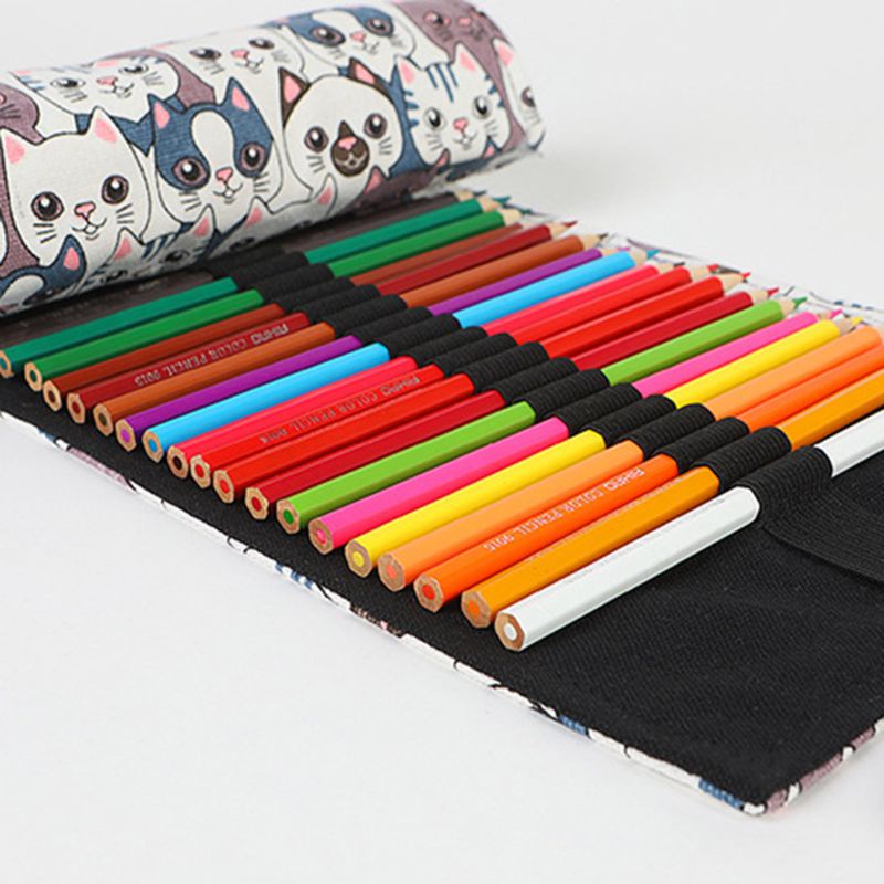 Túi Đựng Bút 12 24 36 48 72 Lỗ Bằng Vải Canvas In Họa Tiết Mèo Dễ Thương